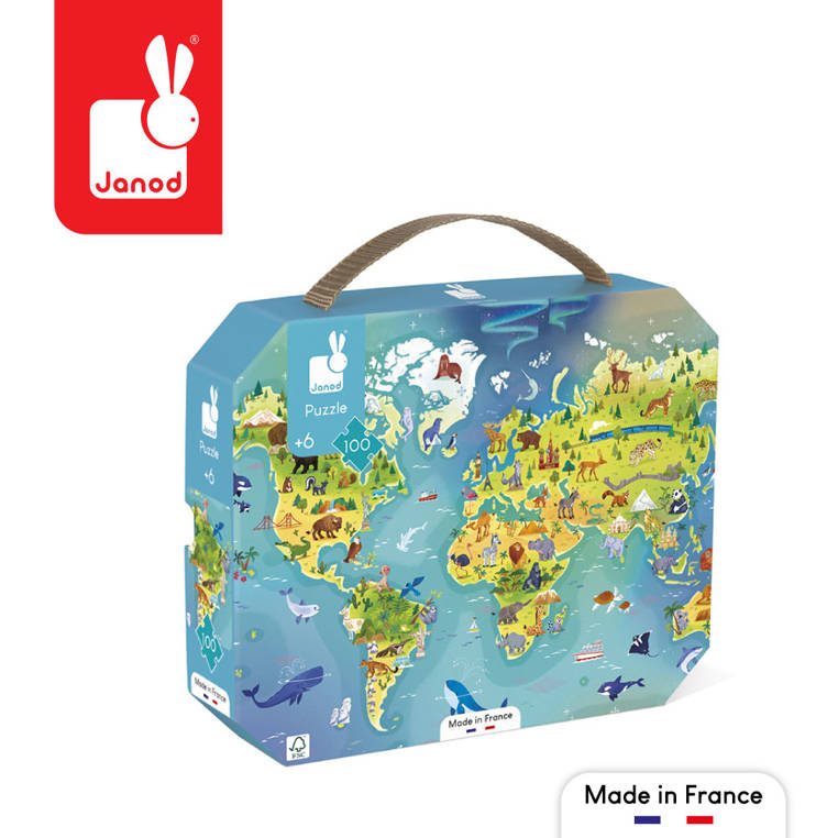 Puzzle w walizce Mapa świata 100 elementów 6+ Janod